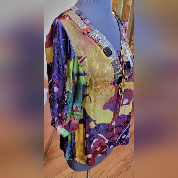 $395 NWOT MAGASCHONI BLOUSE TUNIC TOP EMBELLISHED JEWELED V NECK 3/4 SLEEVE XL - Picture 8 of 11